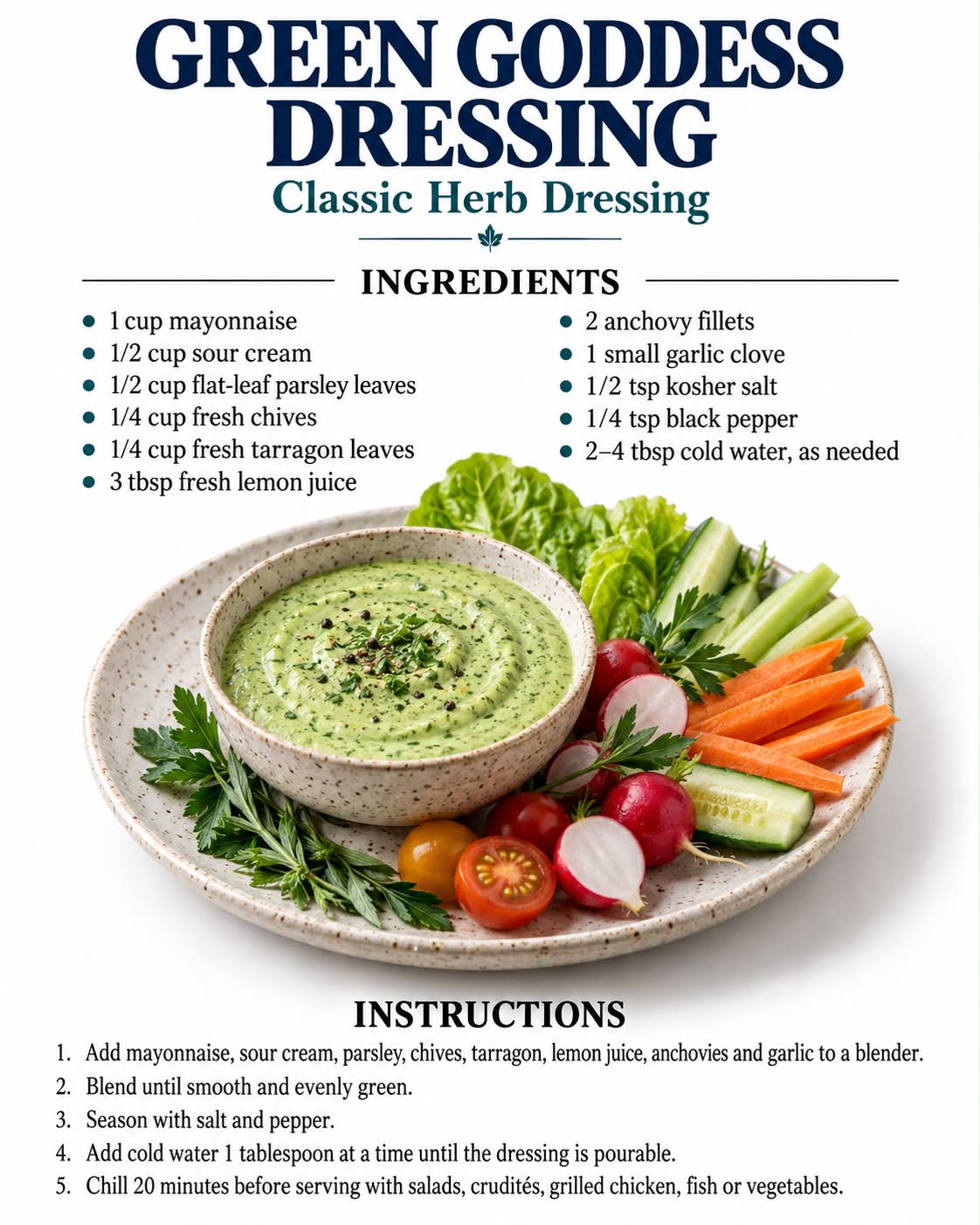 Green Goddess Dressing Ingredients * 1 cup mayonnaise * ½ cup sour cream * ½ cup flat-leaf parsley leaves * ¼ cup fresh chives * ¼ cup fresh tarragon leaves * 3