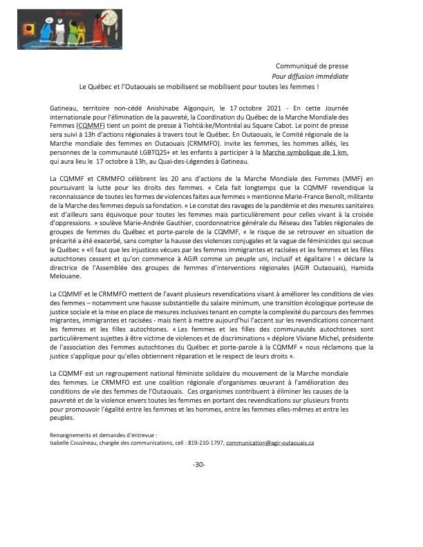 Communiqué de presse pour la Marche mondiale des femmes en... - Comité ...