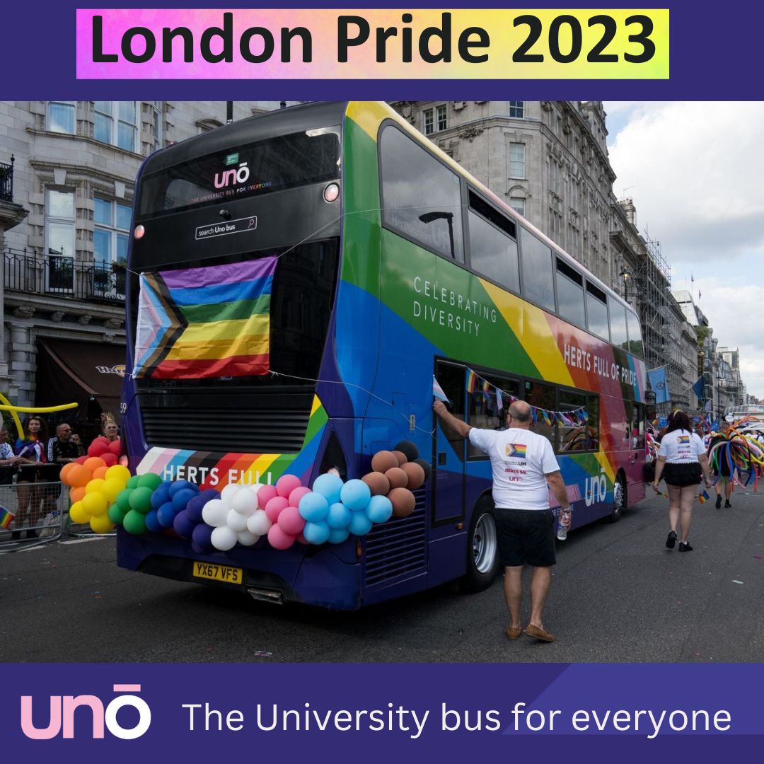 Uno bus - London Pride 2023 Staff from Uno Buses along...