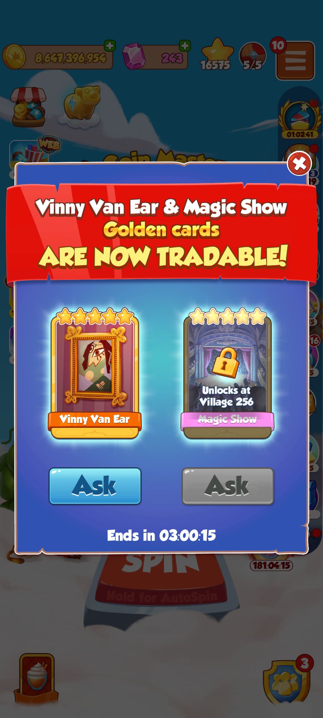 How to trade Vinny Van Ear and Magic Show Golden cards in Coin Master?