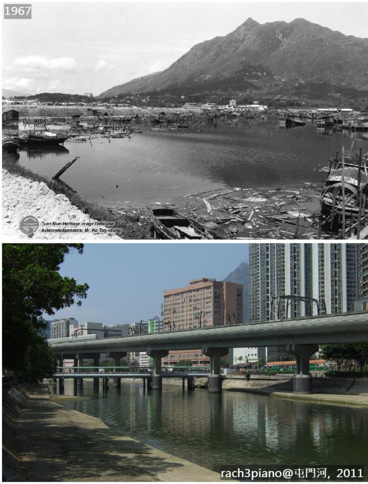 屯門舊照片Tuen Mun Old Photos - 屯門河, 1967 1967年清拆的臨屋區。 有網友指出新照位置偏北了，但這景較開揚 ...