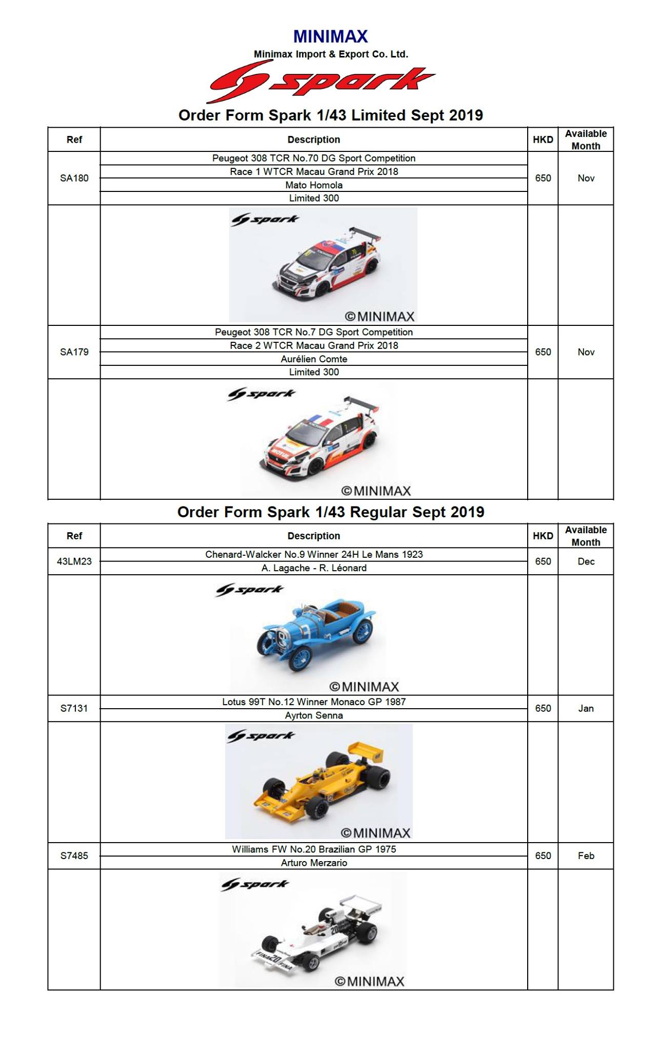 Sparky Model 1/43 (Pre-order) HK$650.00 SA180 Peugeot 308 TCR No