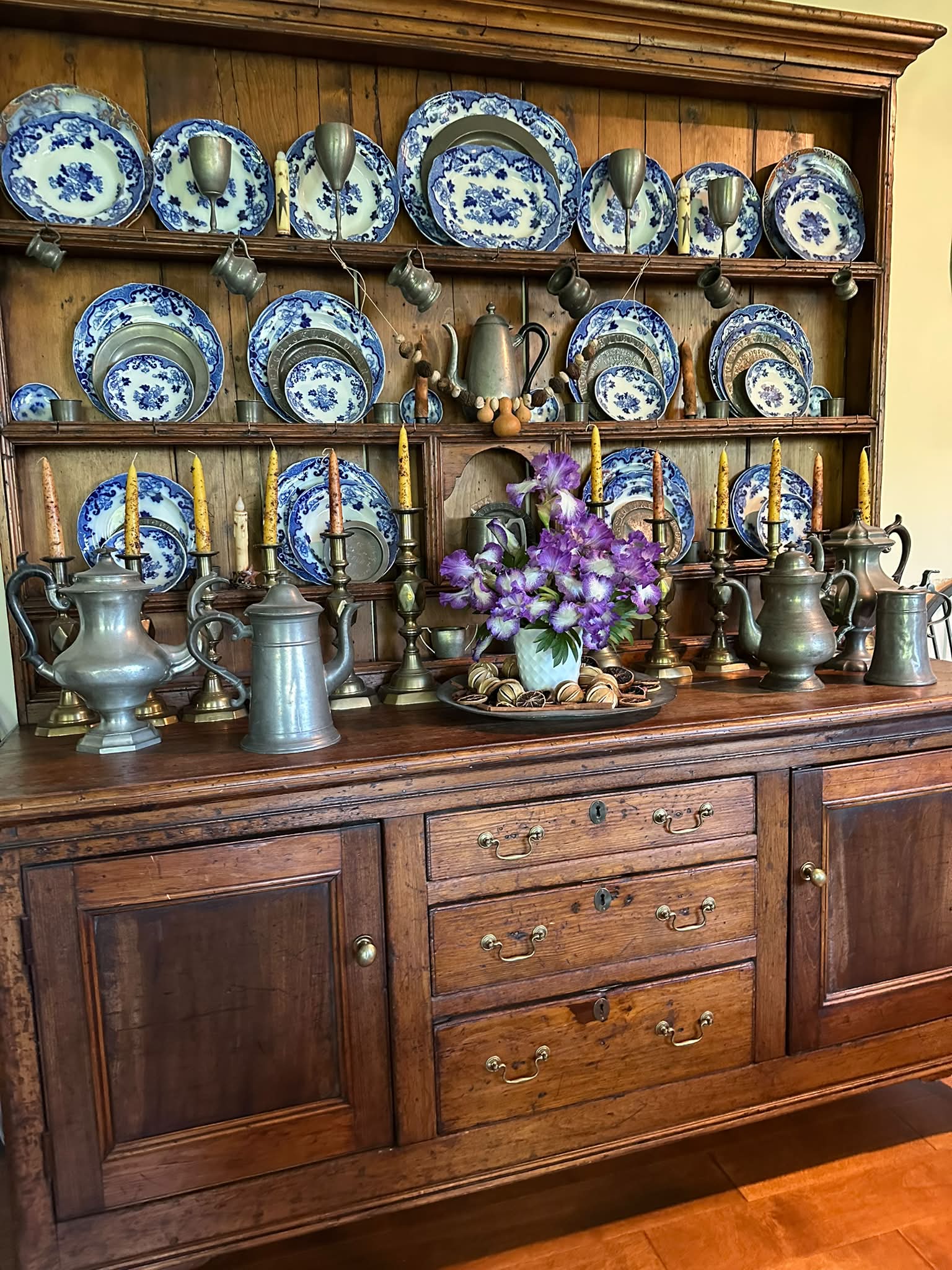 Pewter, Flow Blue, and Blue Iris….on an Antique Welsh Cupboard