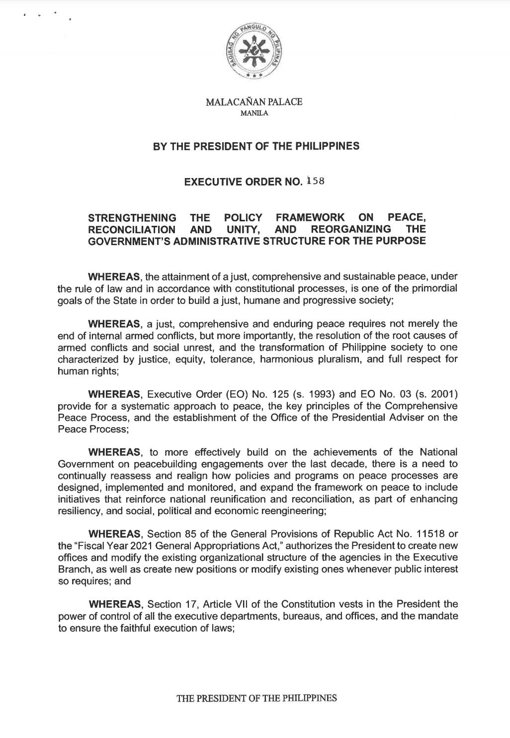 OPAPRU - PRRD signs EO renaming, re-organizing OPAPP as...