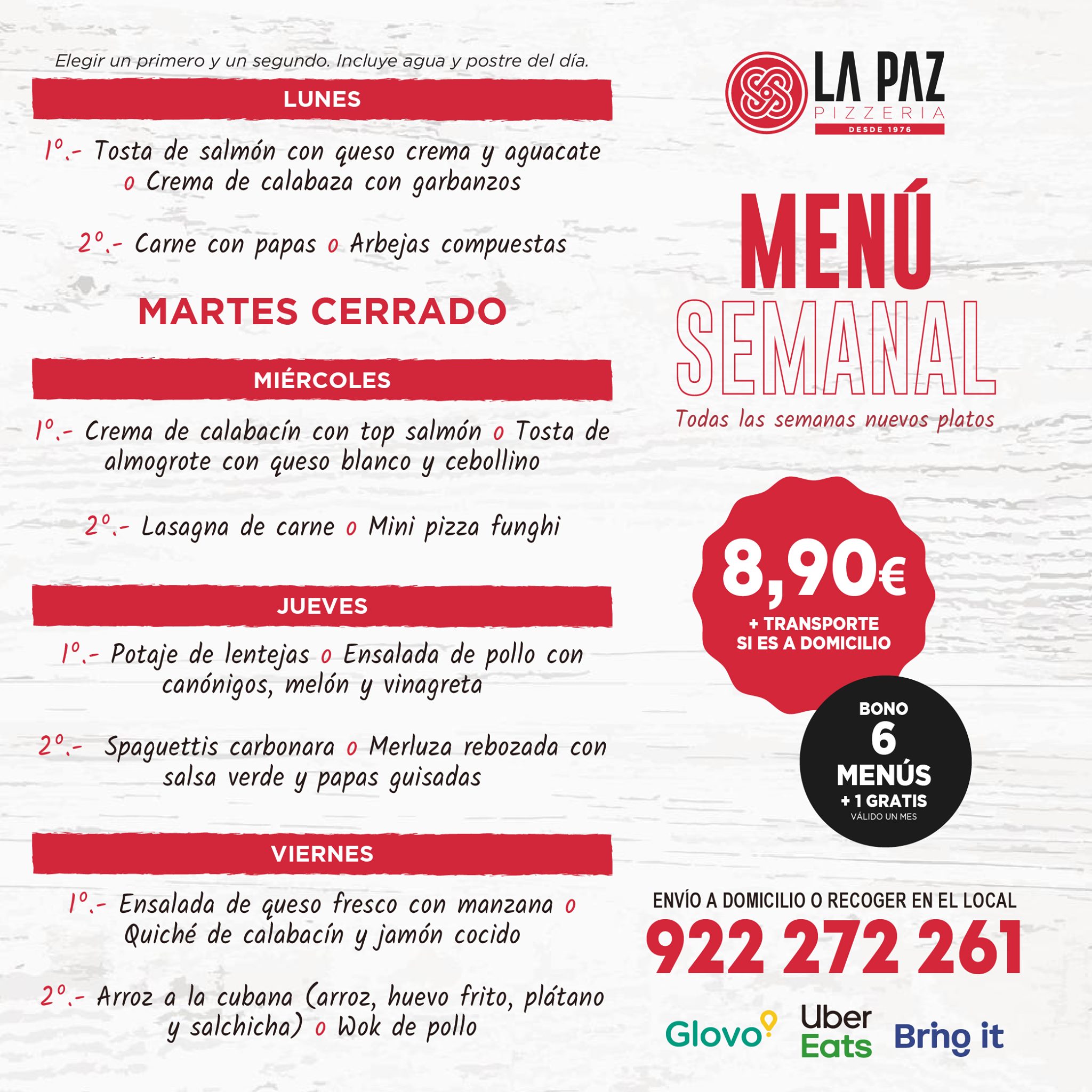 🗓¡MENÚ SEMANAL PARA CASA O... - Pizzería La Paz - Desde 1976