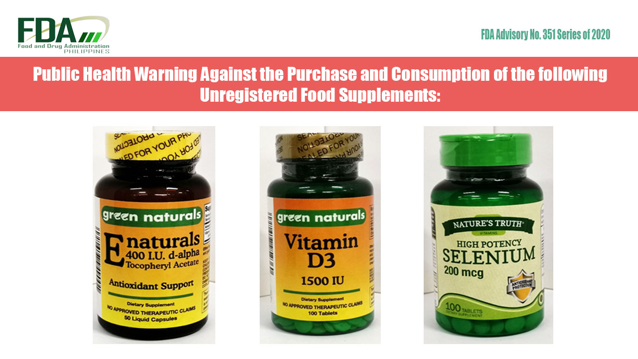abay 2 cbd glutathione zinc selenium FDA Advisory No. 2020-351*** The Food and Drug Administration (FDA) advises the public from purchasing and consuming the following unregistered food supplements: 1. GREEN NATURALS ENaturals 400 I.U d-alpha Tocopheryl Acetate Anti-oxidant Oily