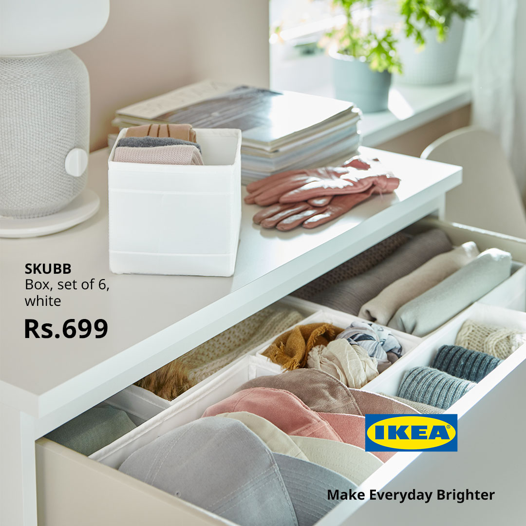 Solve the case of your missing pair of socks with these small boxes featuring dedicated compartments for all your accessories. To shop this, visit IKEA Hyderabad store or shop online in Pune