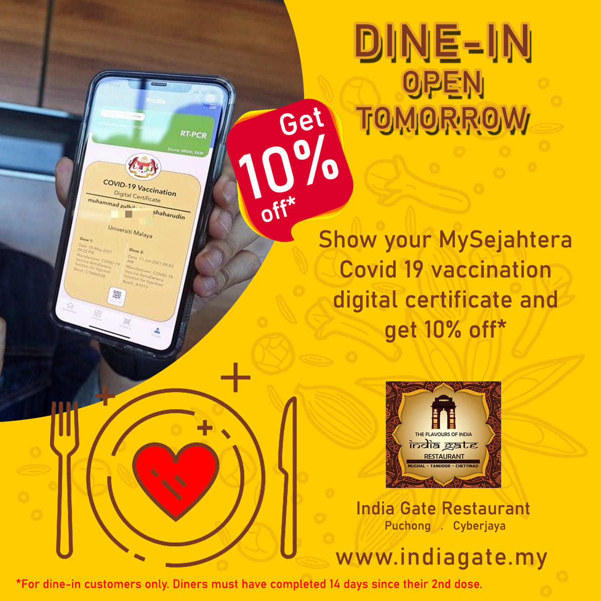 Get 10% off when you dine-in... - The India Gate Restaurant | Facebook