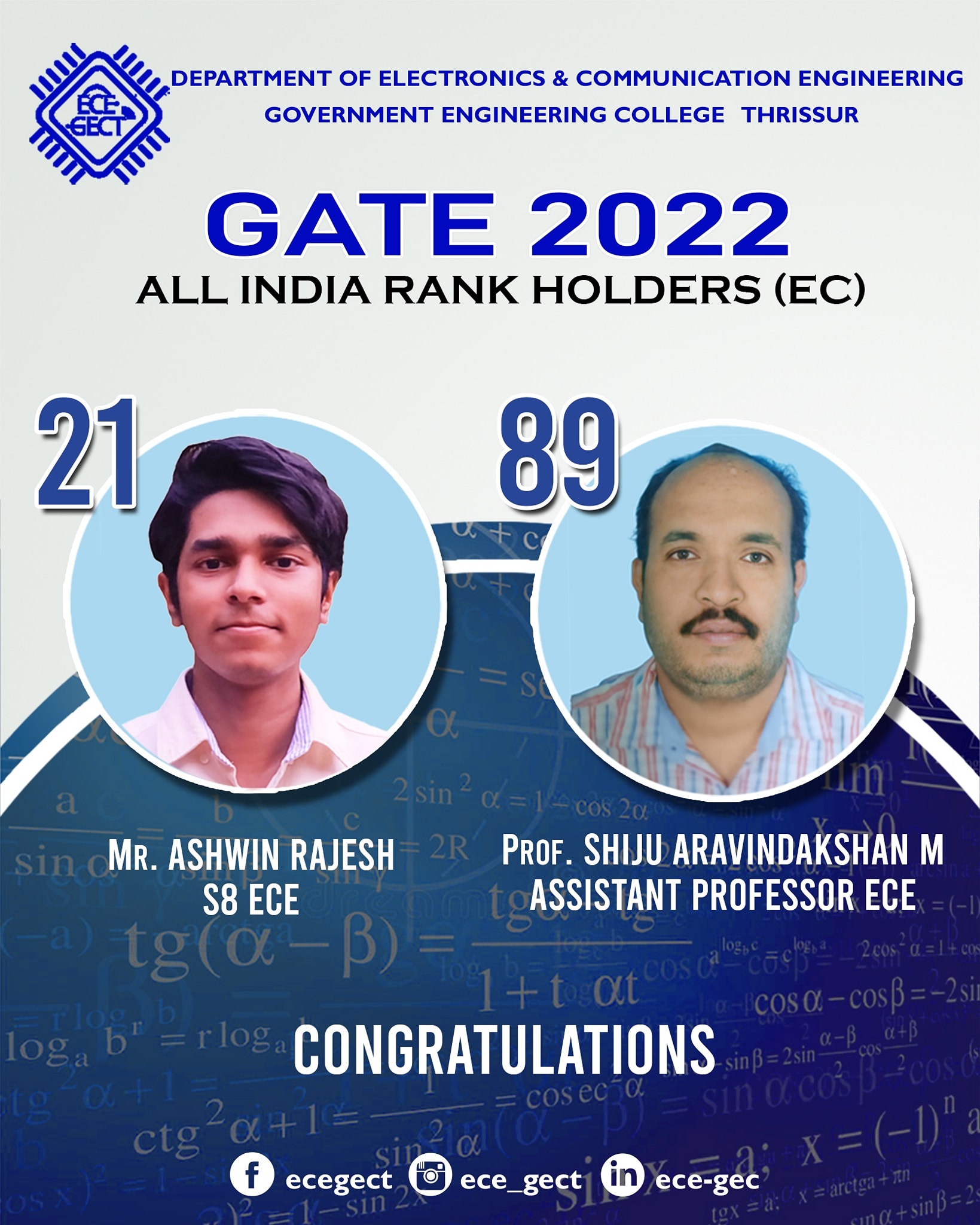 Congratulations Mr. Ashwin Rajesh of S8 ECE for securing All India Rank ...