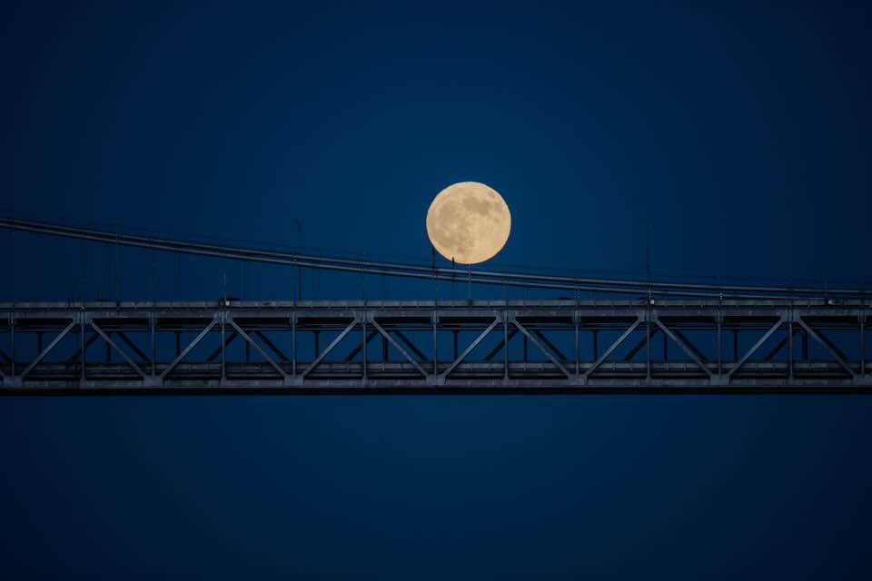 moon　bridge① San Francisco Bay Bridge at sunset with full moon