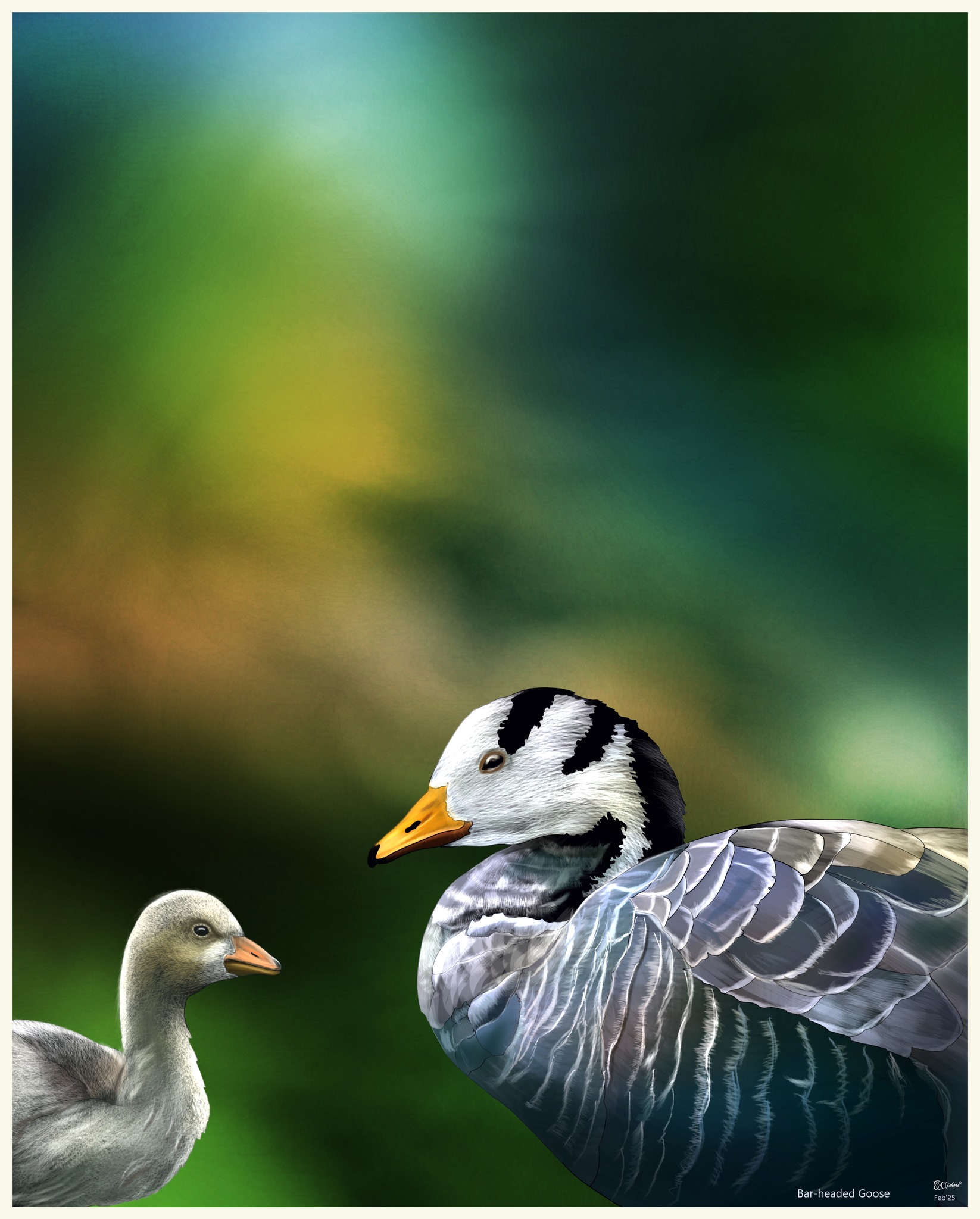 digitalpainting of Bar-headed Goose and Gosling done using 