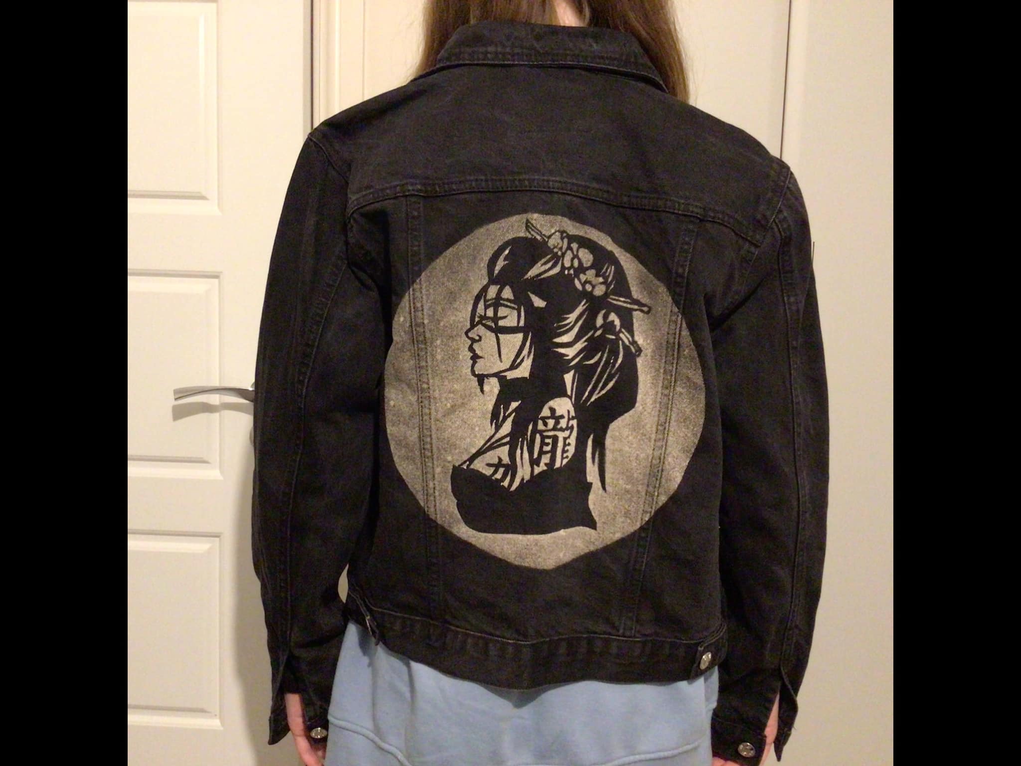 Bleach makeover on heavy pale blue denim jacket