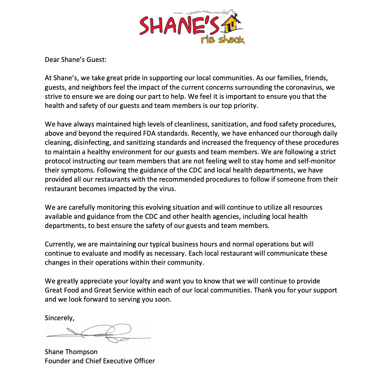 A letter to our guests, from Founder &... - Shane's Rib Shack | Facebook
