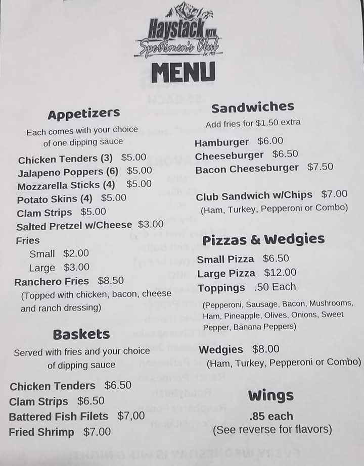 Full menu available... - Haystack Mountain Sportsmens Club | Facebook