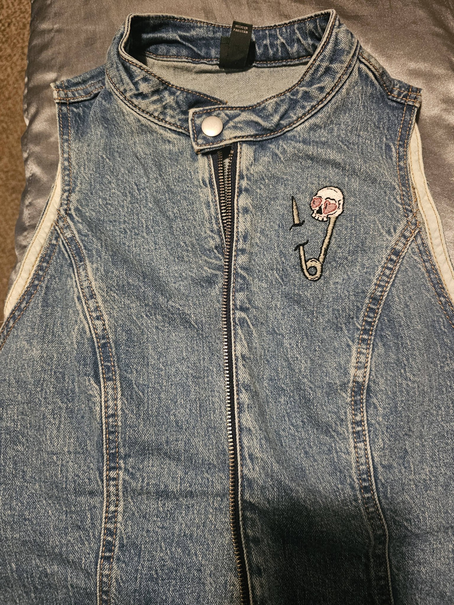 Embroidery on a thrifted denim vest project