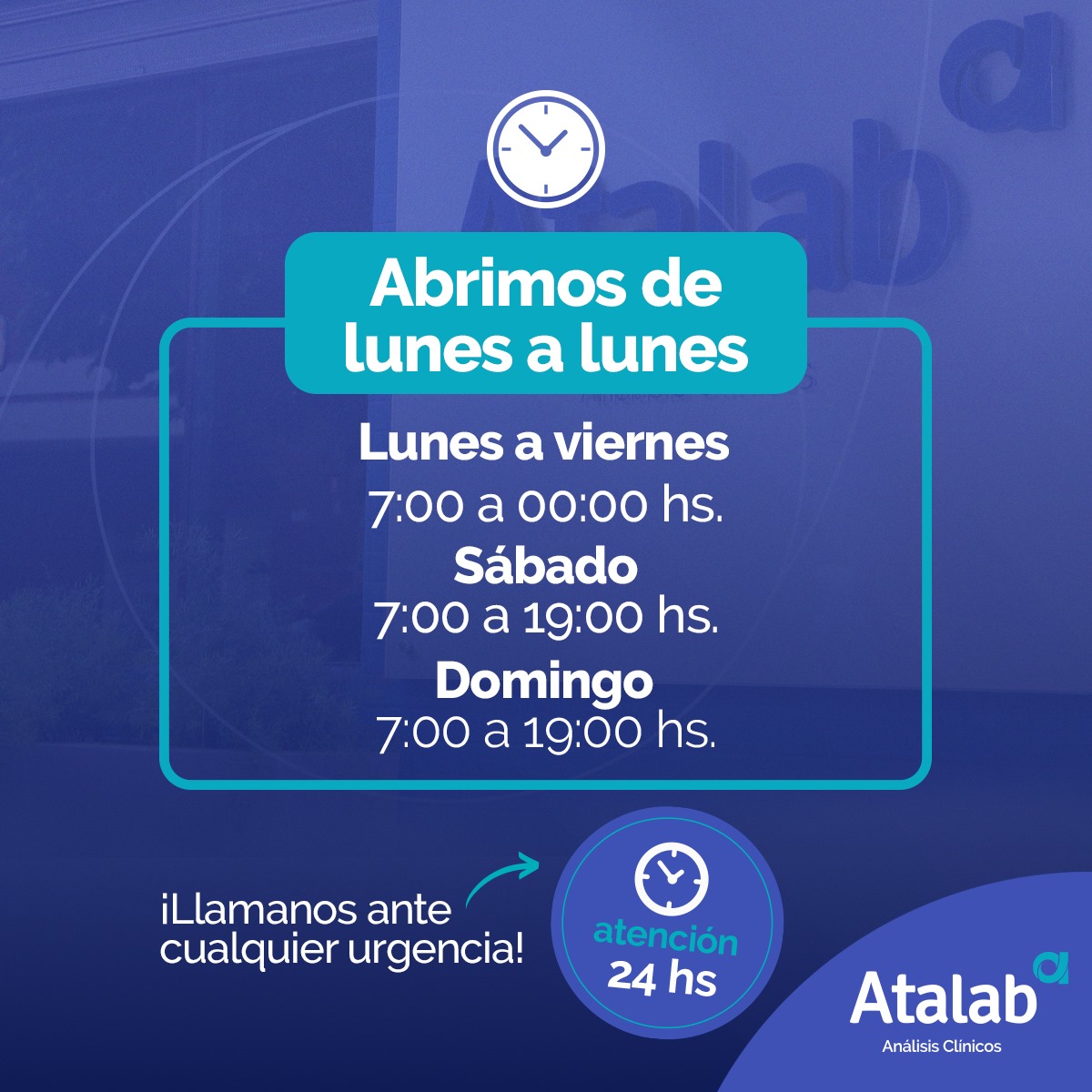 🕘¡TE ESPERAMOS EN ESTOS HORARIOS!🕑... - Laboratorio Atalab | Facebook
