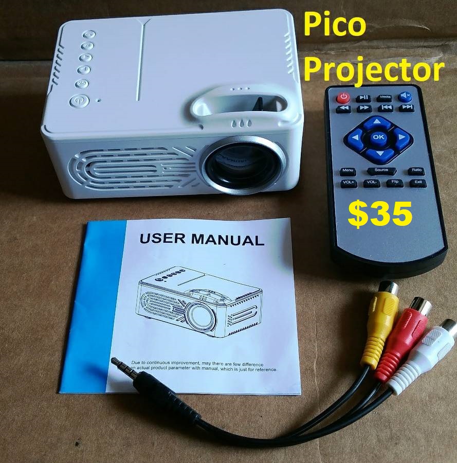 Complete black FAVI Rio LED Projector, includes power cable, audio