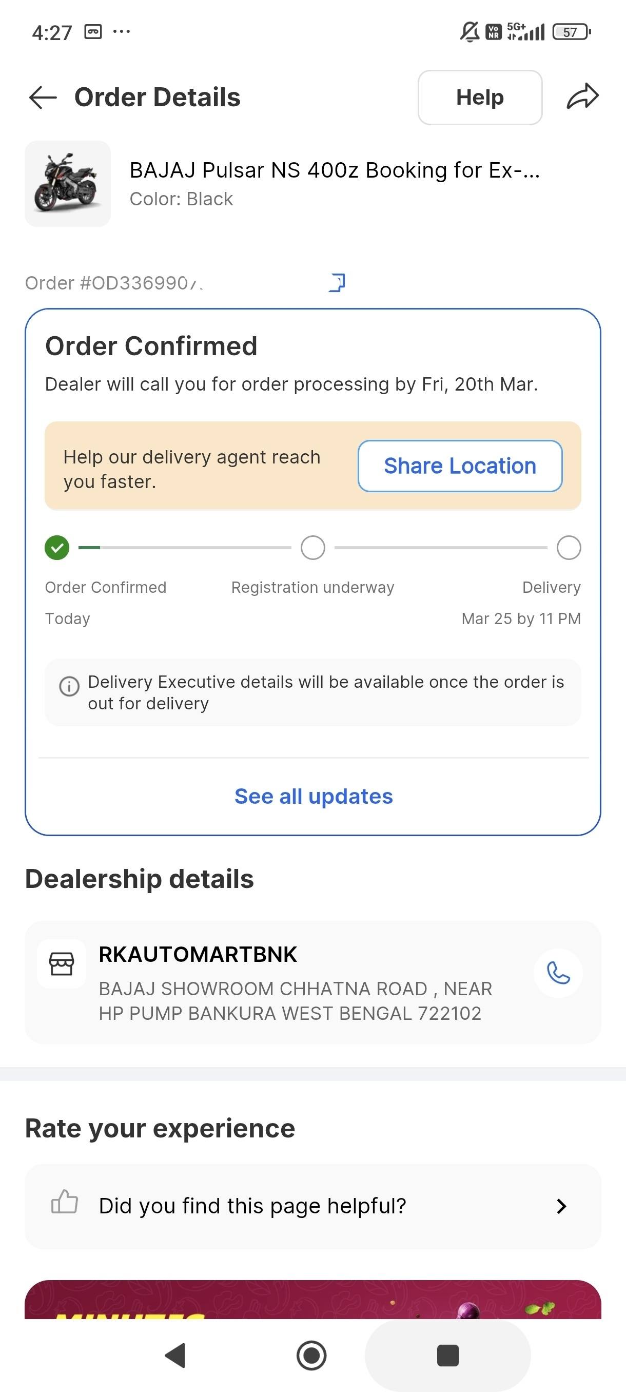 Extra charges for Bajaj Pulsar NS400Z delivery?