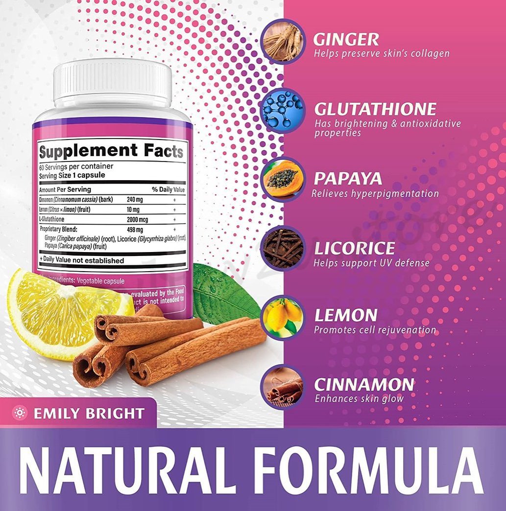 Emily Bright Glutathione Whitening Capsules are created to make your skin and your life stunning bright! Unlike lightening creams, it naturally whitens your skin from inside out, bringing zero harm. Perfect for