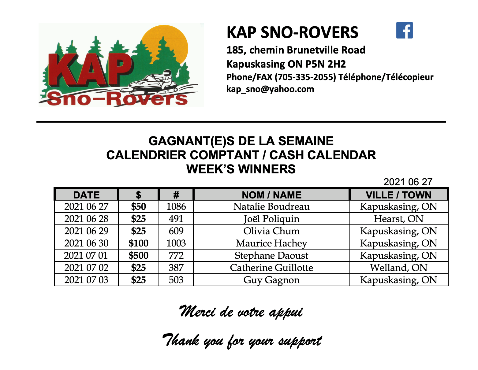Kap Sno-Rovers - Congratulations to last week's winners! | Facebook