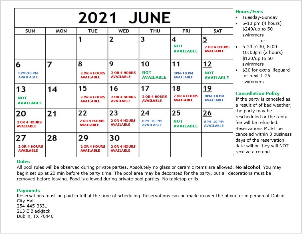 June pool rental information and... - City of Dublin TX | Facebook