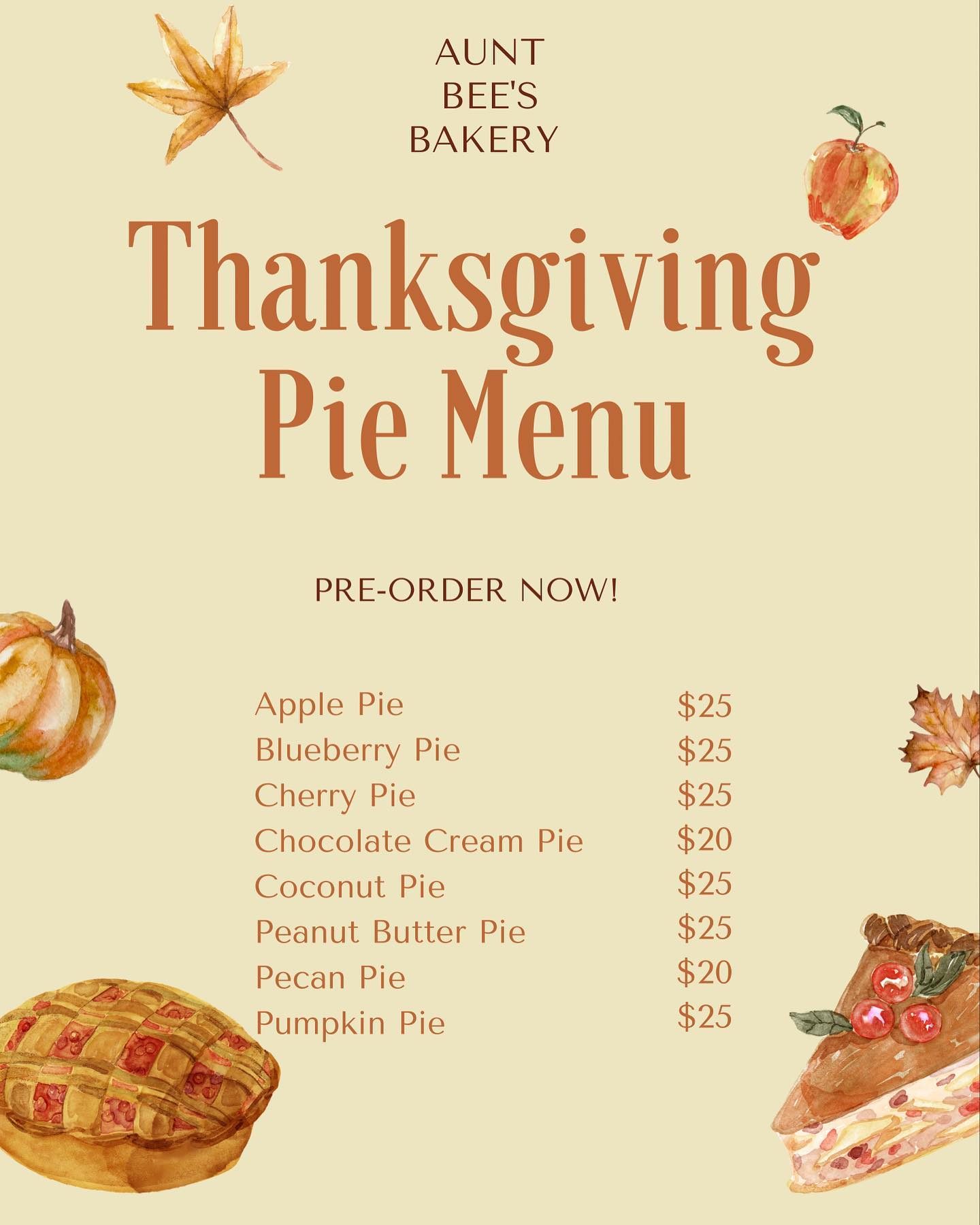 Pre-Order your Thanksgiving day pies... - Aunt Bee's Bakery | Facebook