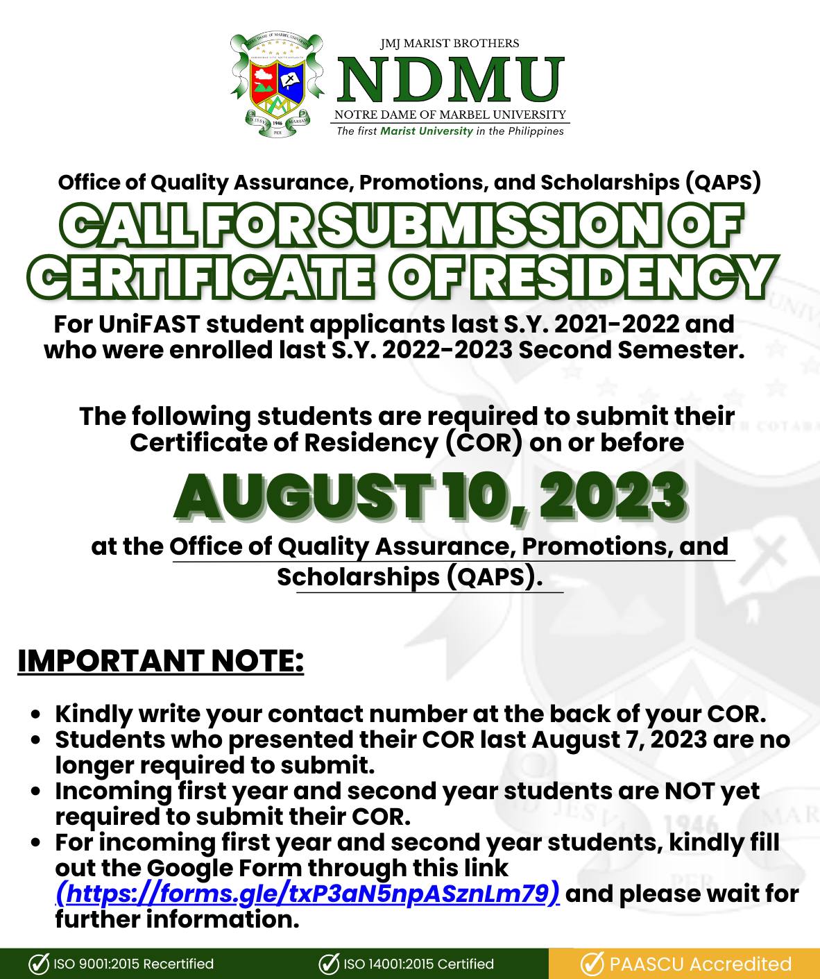ANNOUNCEMENT Call for submission of Certificate of Residency (COR) for ...
