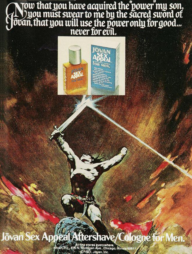 Jovan sex appeal ad from 1976 with Frank Frazetta illustration