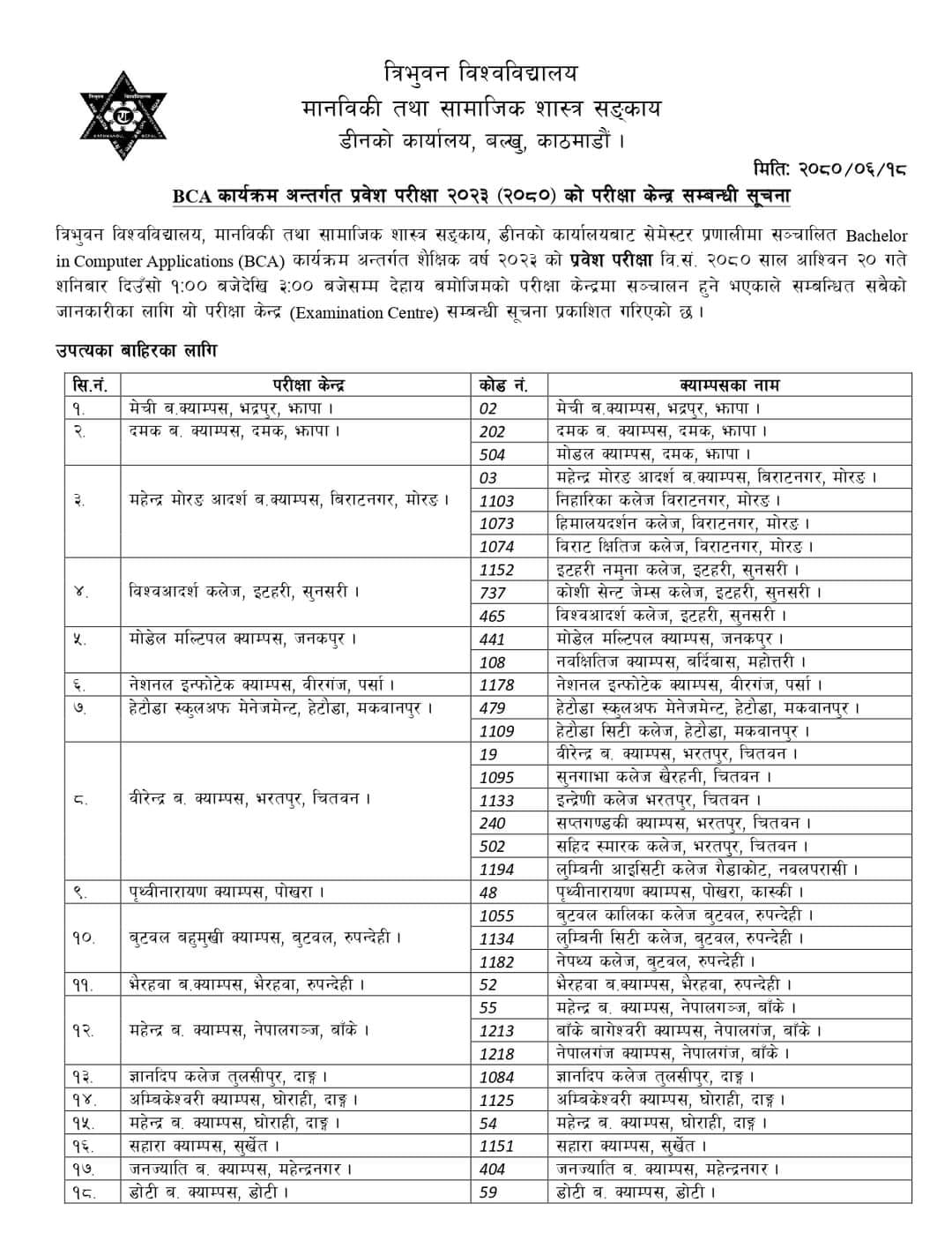 Routine of BCA - Examination Centre Notice of BCA Entrance...