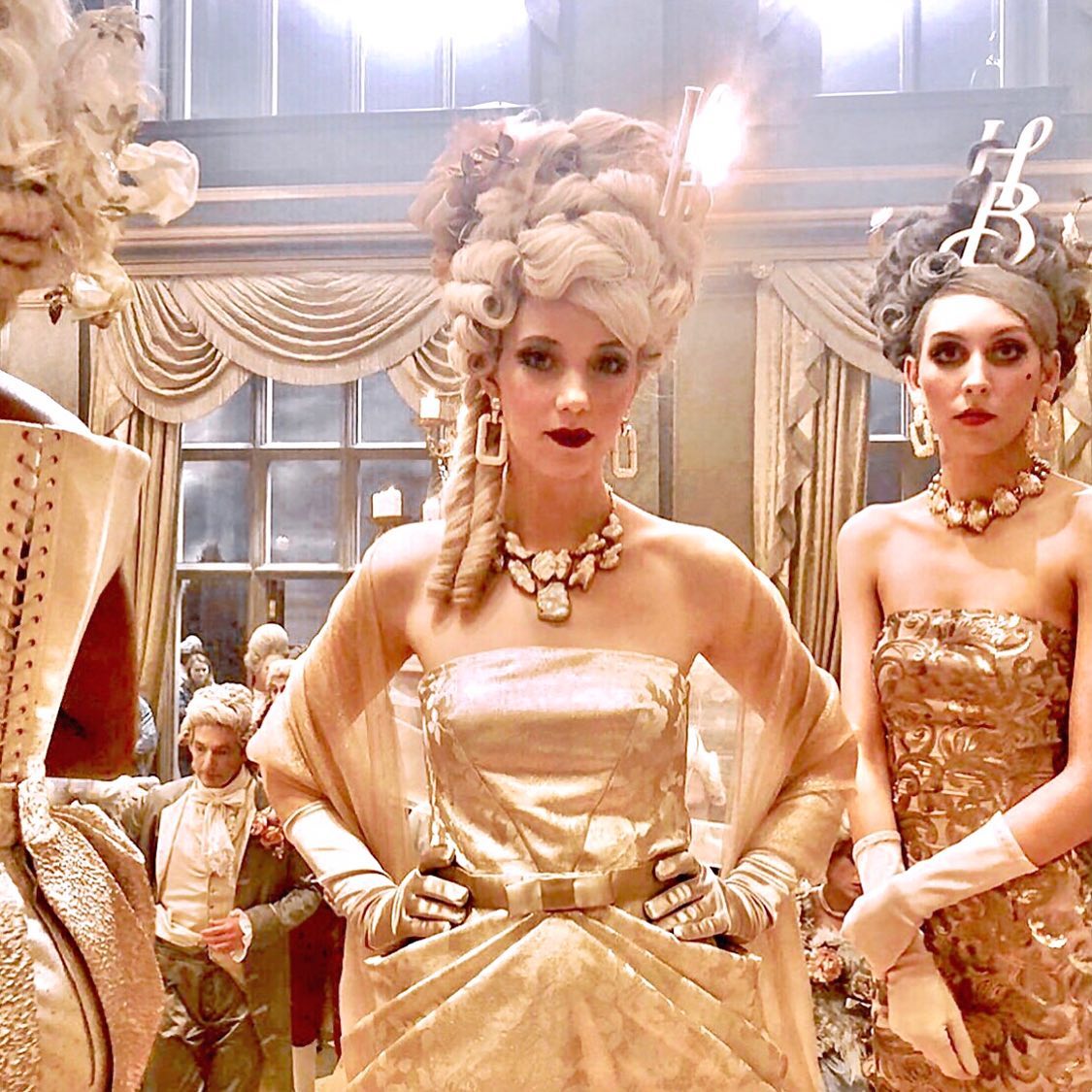 cruella gold dress Our costumes on set of de Vil cast as models for the House of Baroness fashion show 🍾🥂✨👄 #disney #costume #cruella #cruellapremiere #cruelladevil #dalmations #actress #model P.S we were all asked cruella all outfits