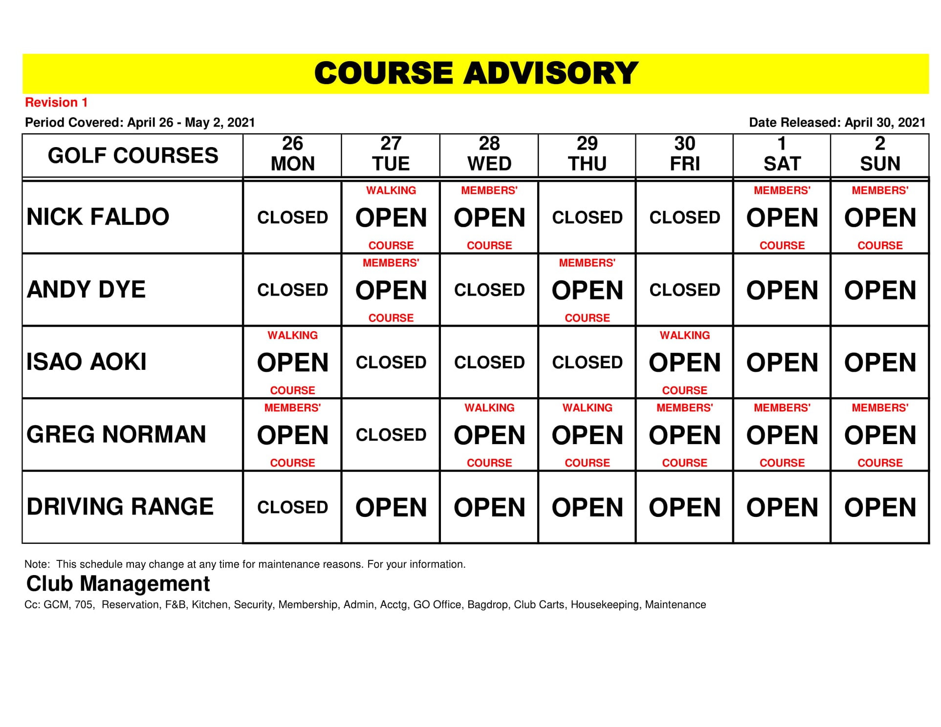 Updated Course Advisory... - Eagle Ridge Golf & Country Club | Facebook