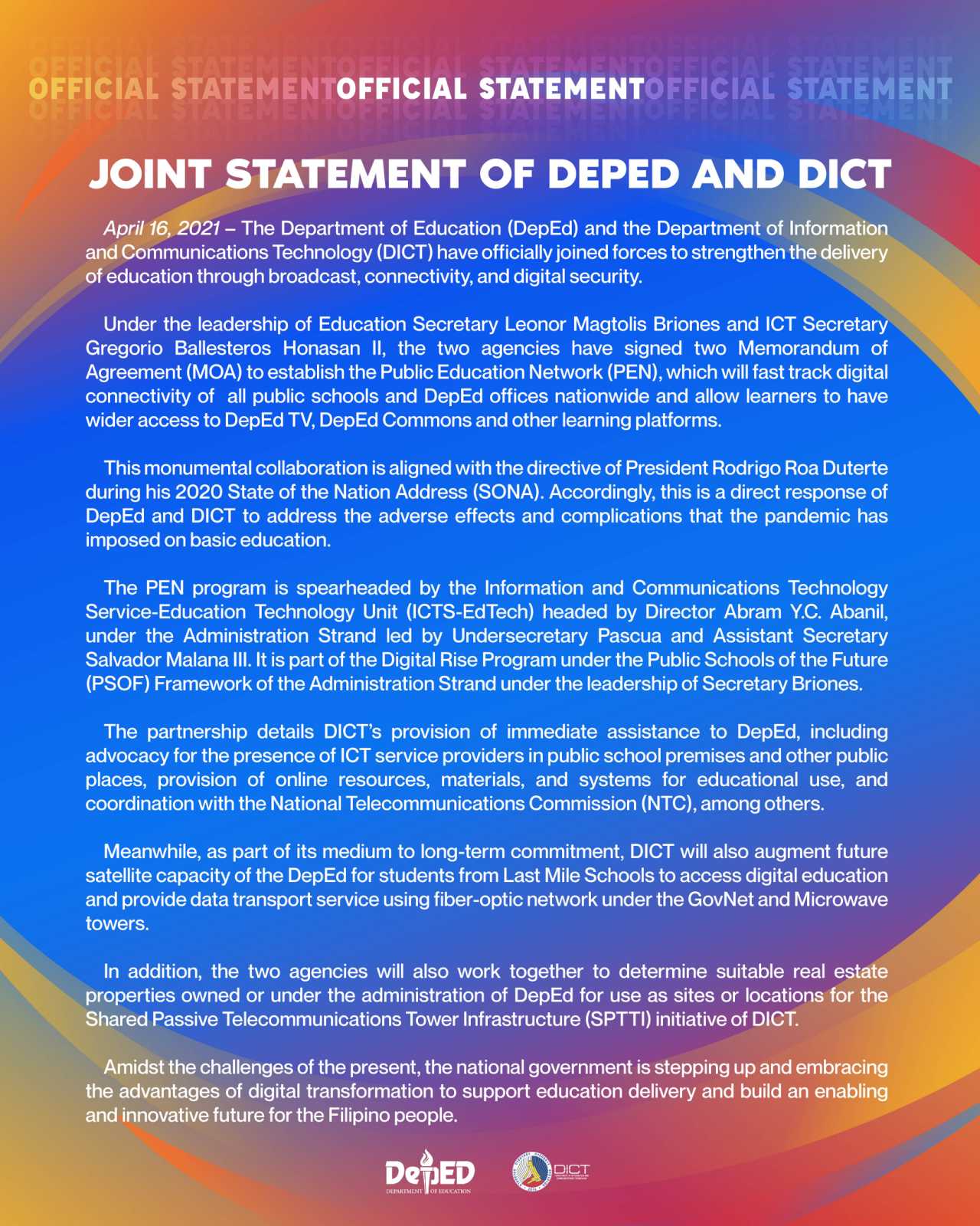 DepEd - JOINT STATEMENT OF DEPED AND DICT April 19, 2021 – The ...