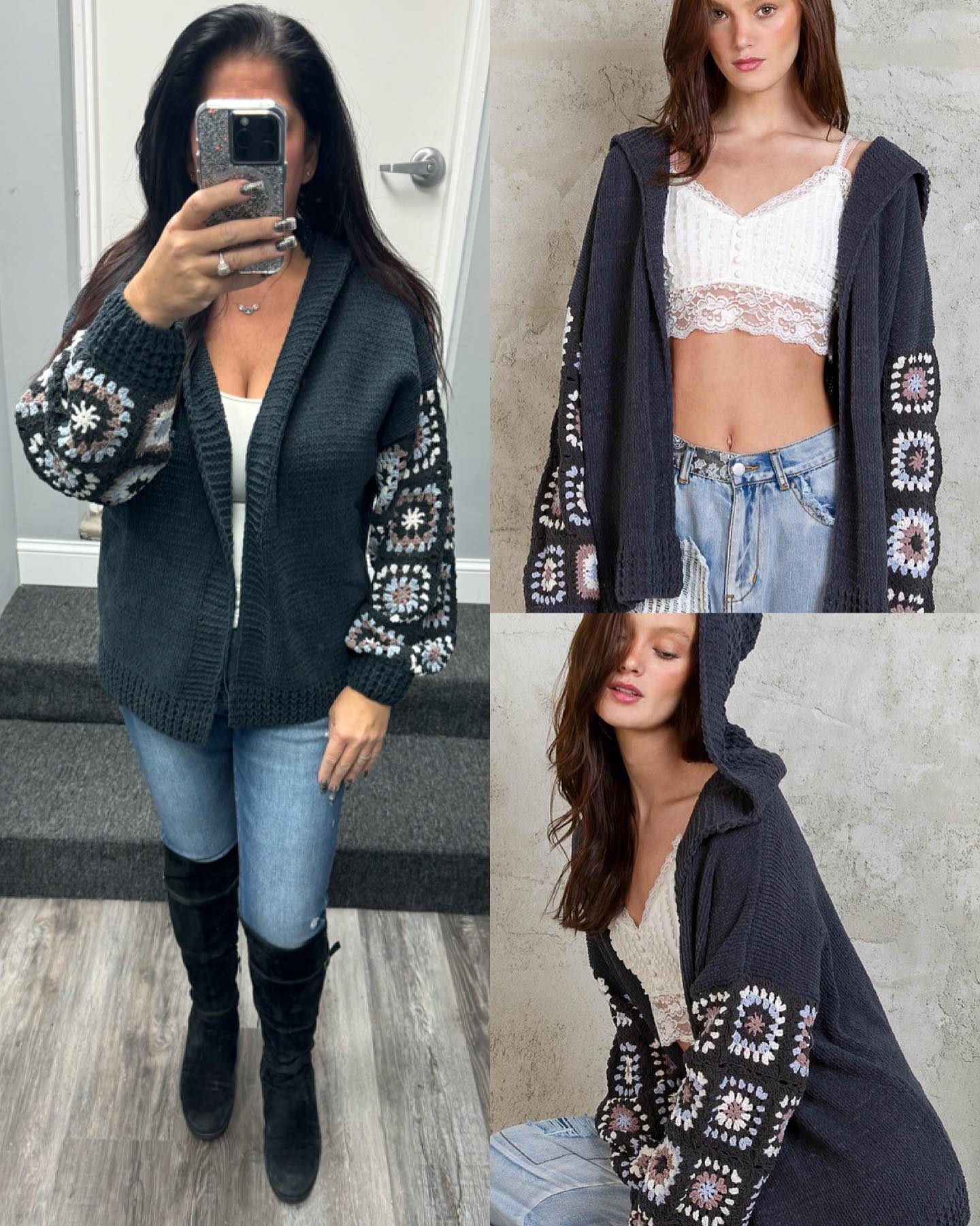 Versatile black Venus hooded cardigan in size Medium. This open
