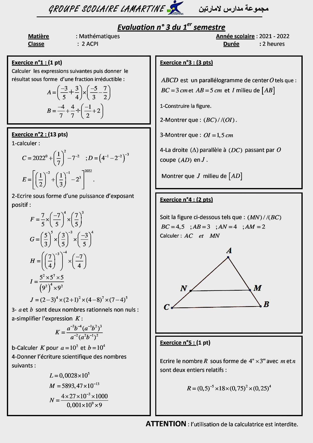 Maxi Maths 1AC 2AC 3AC TCS 1BAC BAC | Évaluation n°3 – 1er Semestre ...