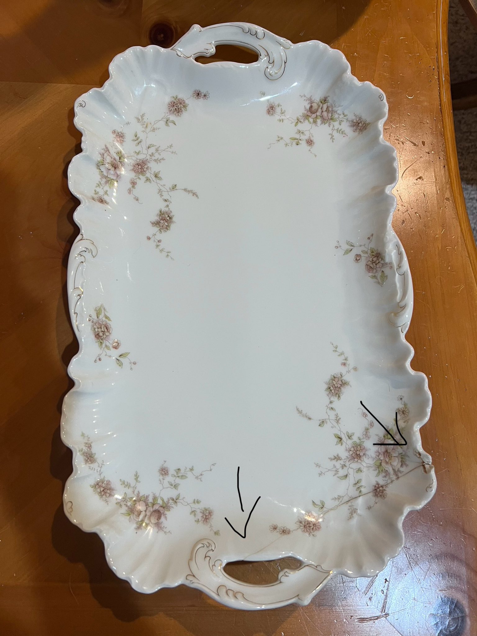 Vintage Porcelain Platter with Unique Repair Job