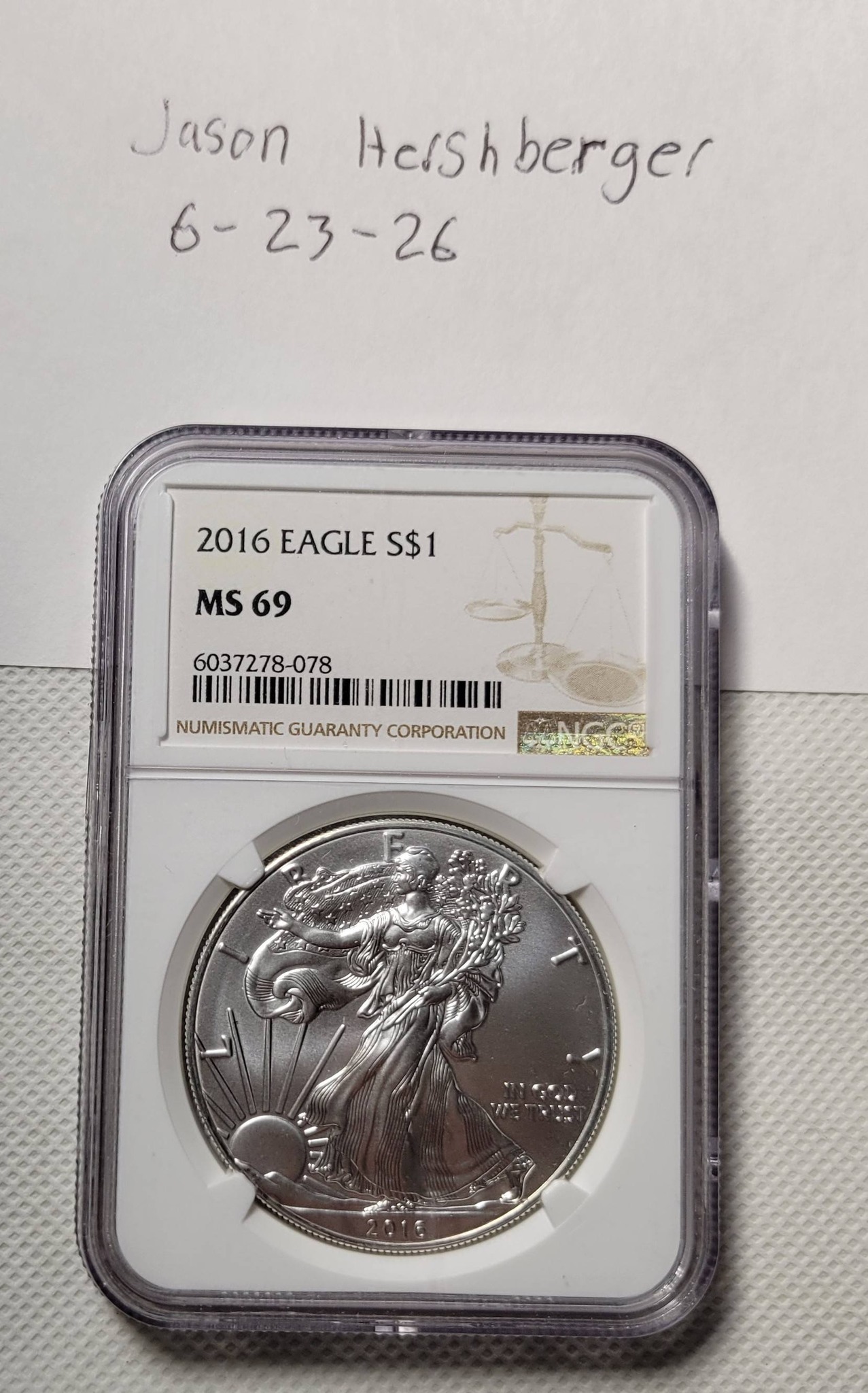 2016 Silver Eagle $1 coin graded NGC MS-69 for auction