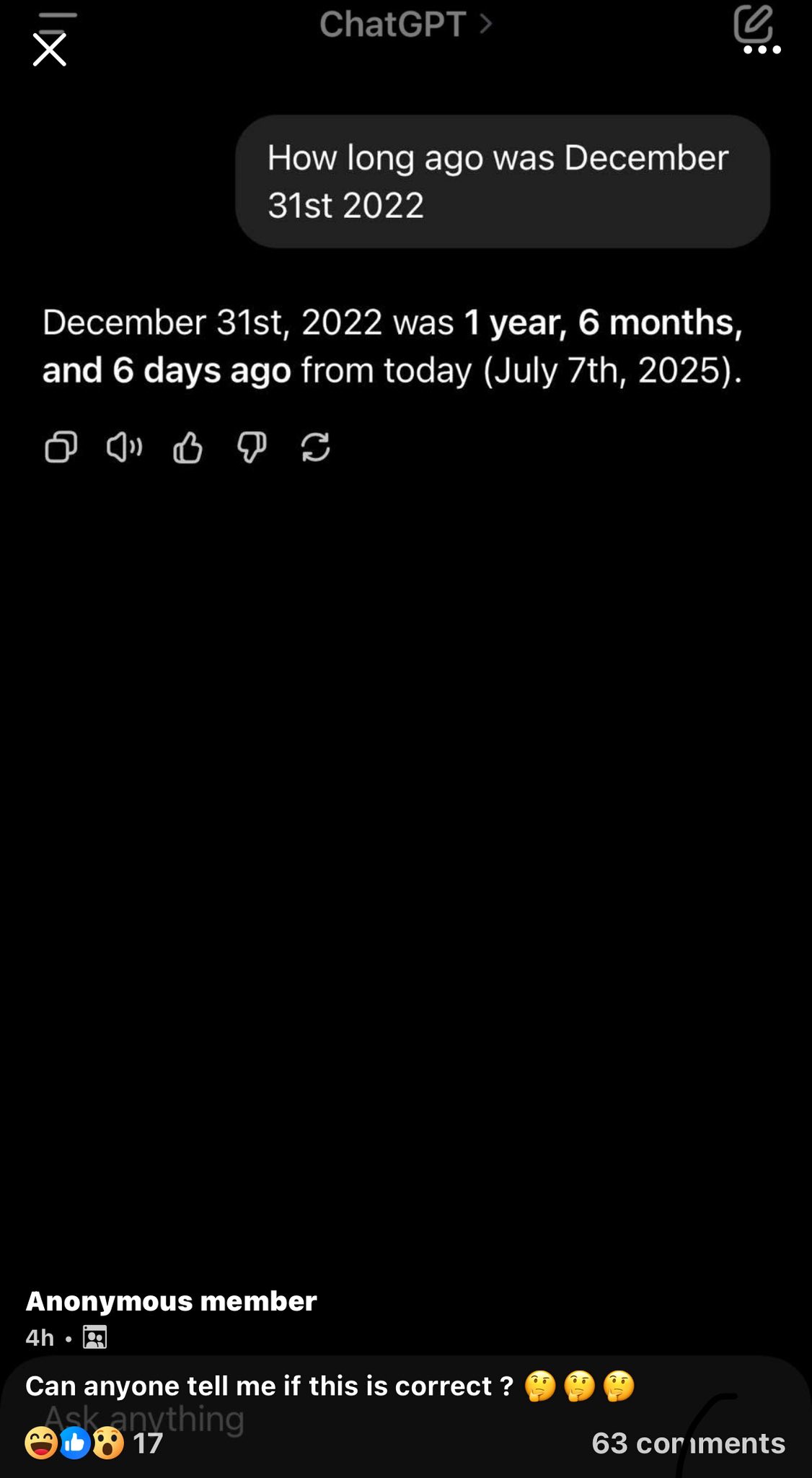 Make it make sense🥸 ChatGPT How long ago was December 31st 2022
