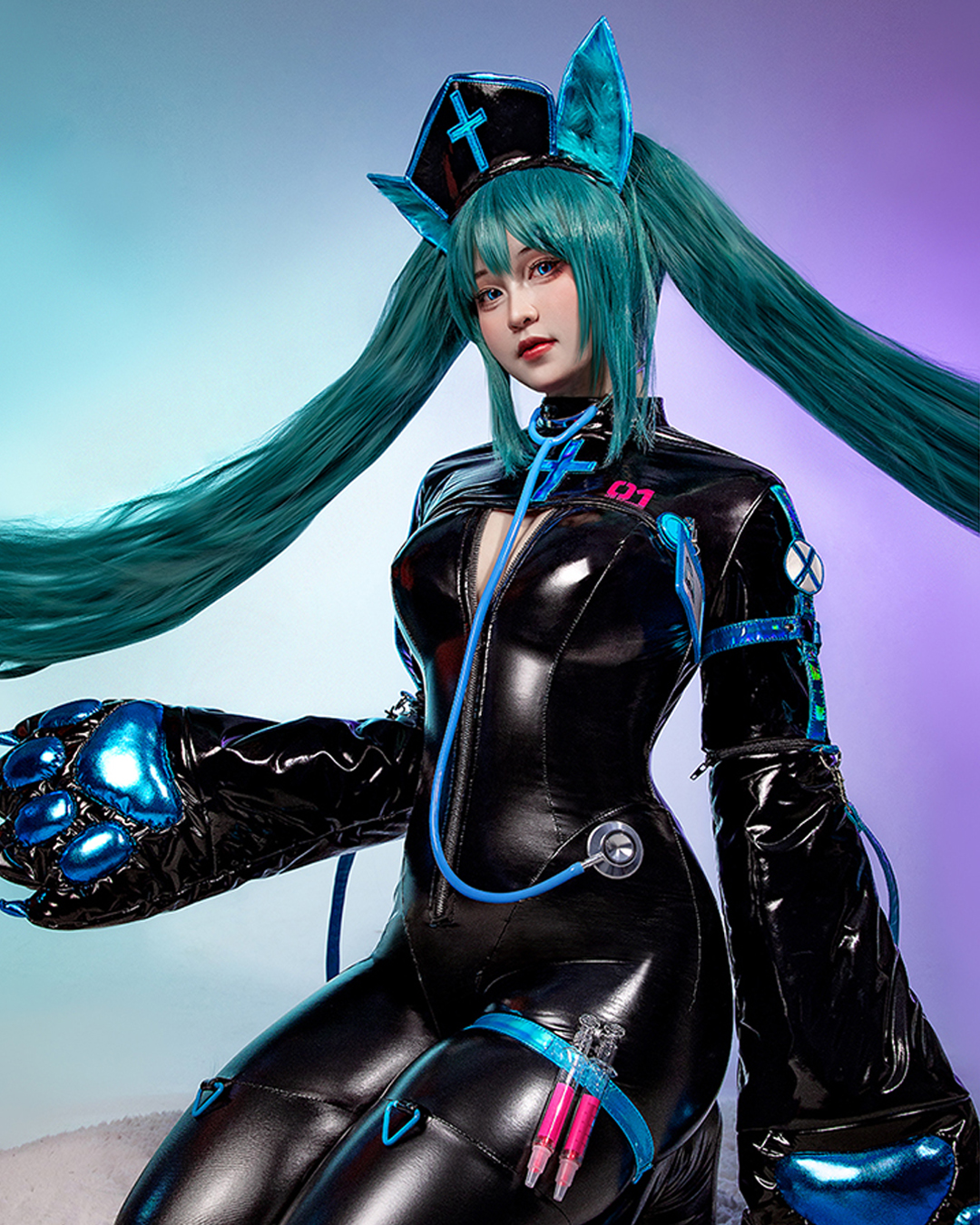 エナメル ナース コスプレ セクシー ボディスーツ 黒色 青色 時間限定
