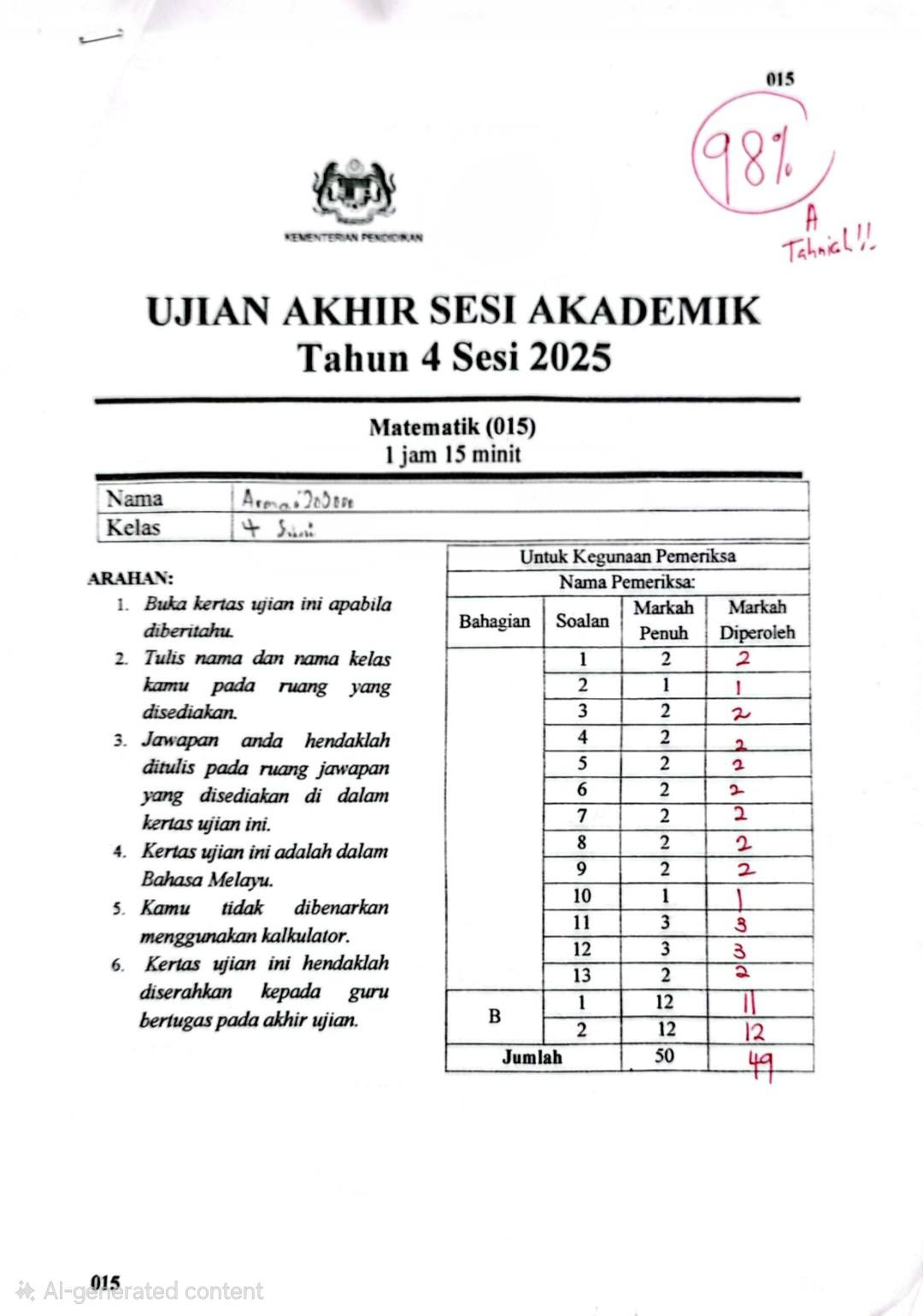 Salam Parents. Ni adalah result akhir tahun Matematik salah seorang ...