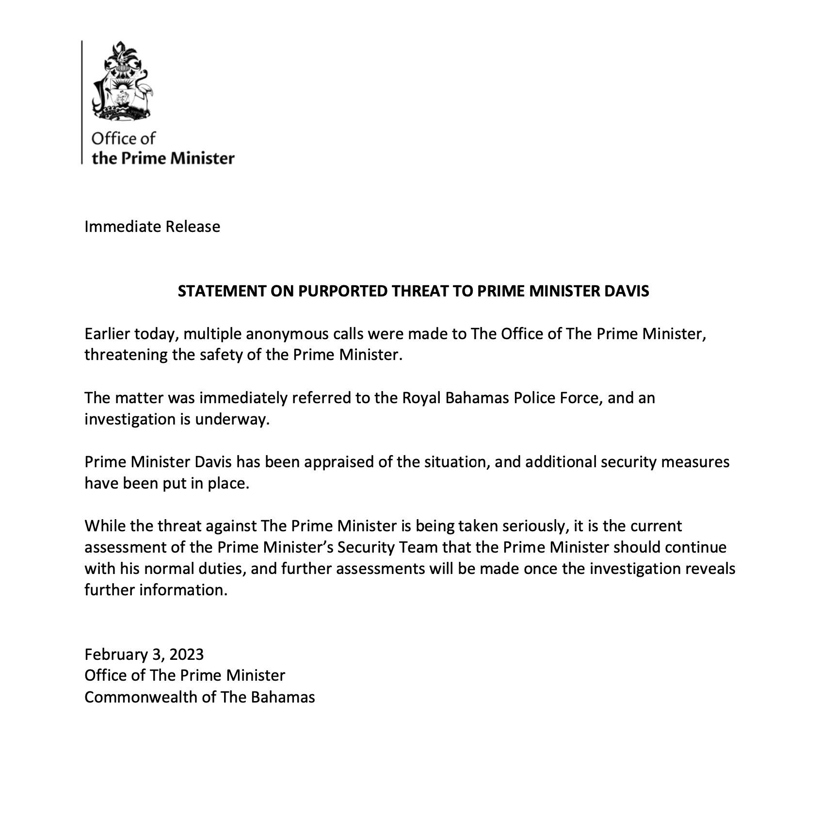 Eyewitness News Bahamas - BREAKING: A statement has been released from ...