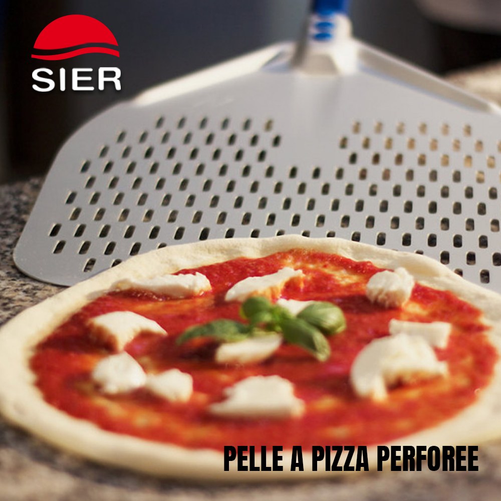 Pelle à Pizza Perforée Gi.Metal - 33x33cm, Manche 183cm, Aluminium Bleu