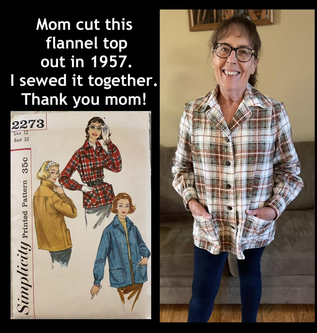 Vintage flannel top sewing project from 1957