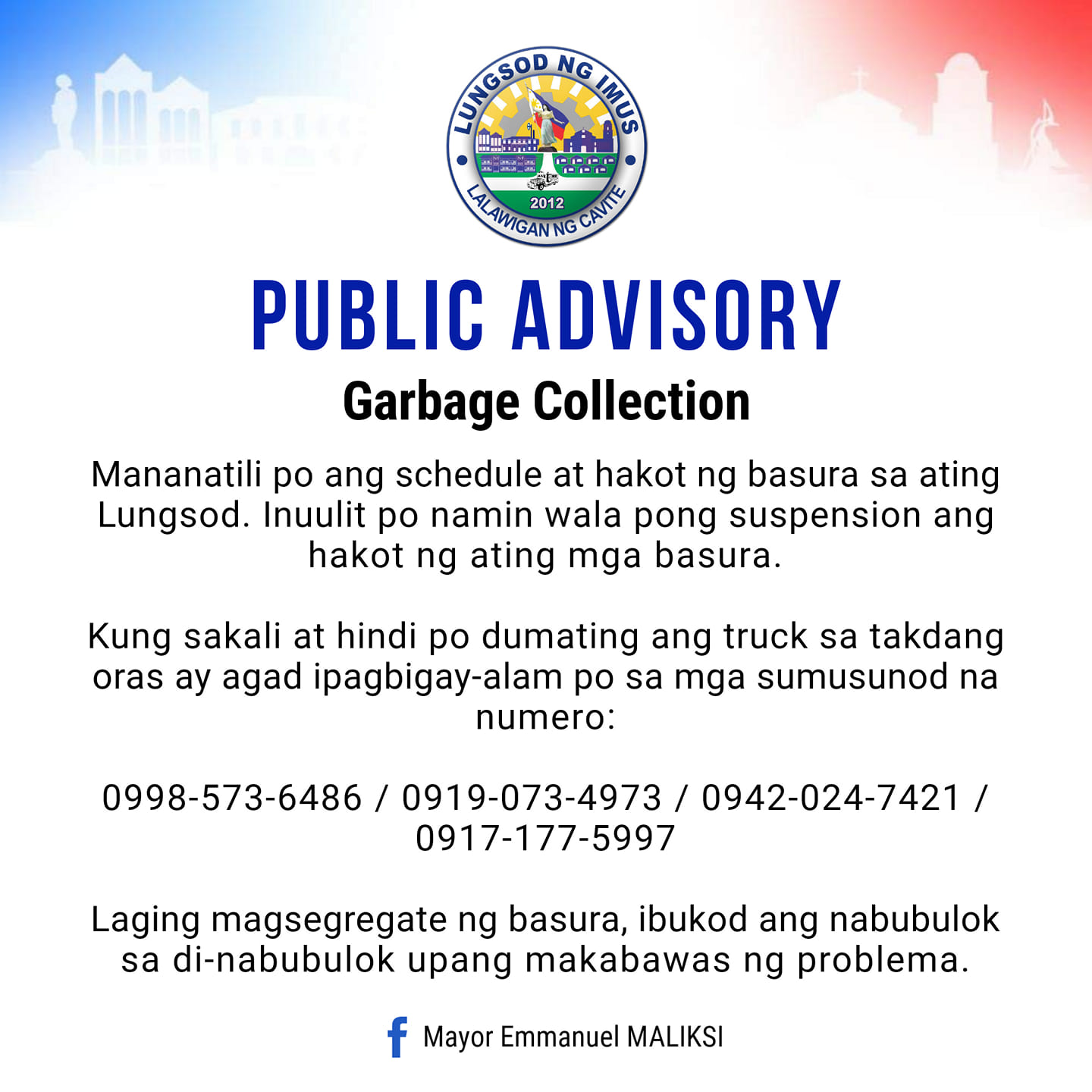 PUBLIC ADVISORY ON GARBAGE... - City Government of Imus | Facebook