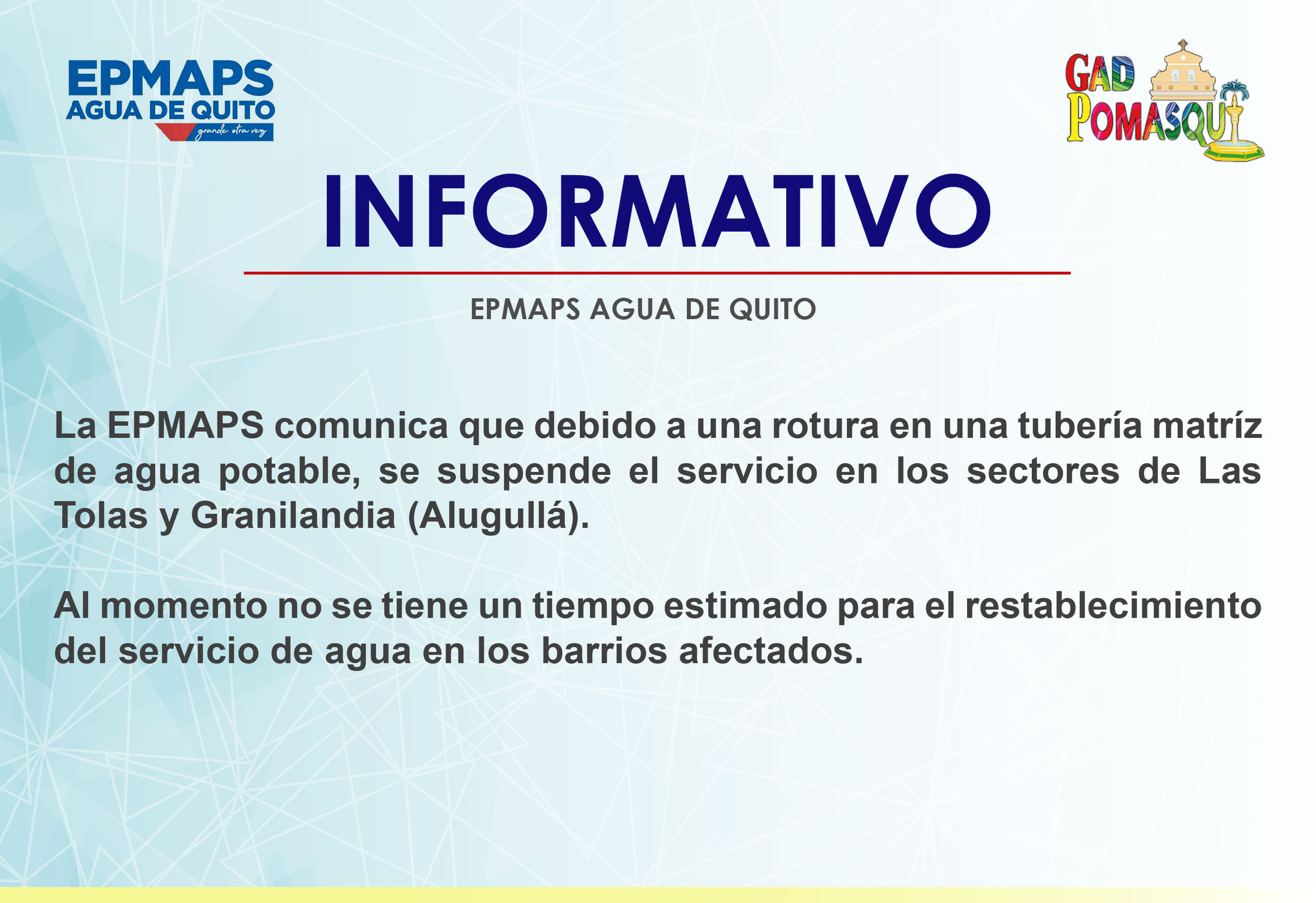 📍 INFORMATIVO EPMAPS AGUA DE QUITO... - Gobierno De Pomasqui | Facebook
