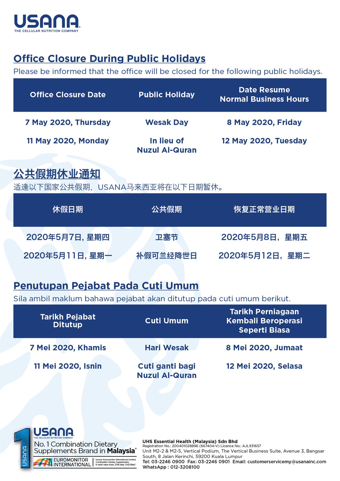 Office Closure During Public Holidays Usana Health Sciences Malaysia Facebook