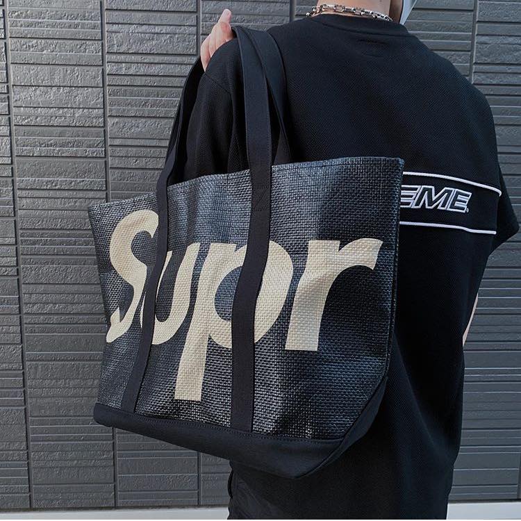 Supreme Raffia Woven Tote Bag Color: Red / Black / Light Purple