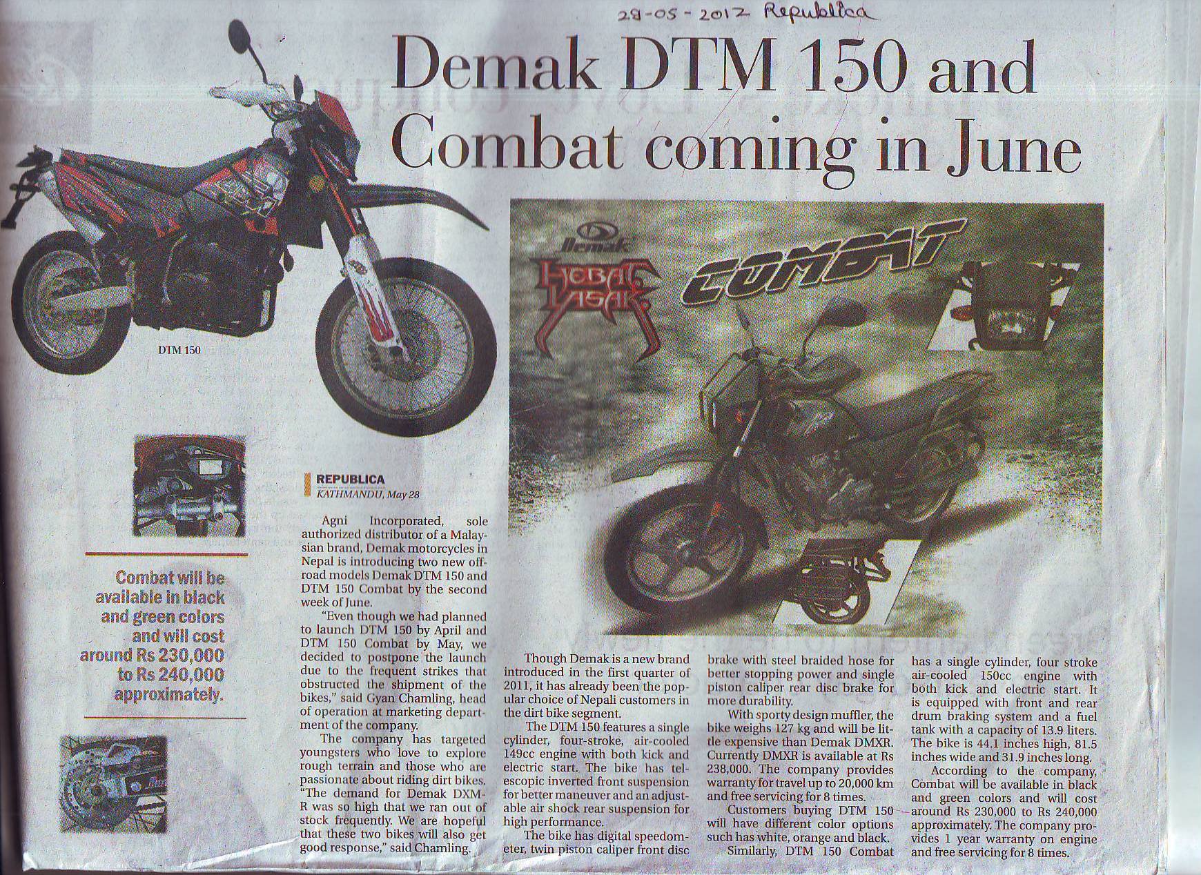 Mahindra - Demak DTM 150 and Combat coming in June REPUBLICA KATHMANDU ...