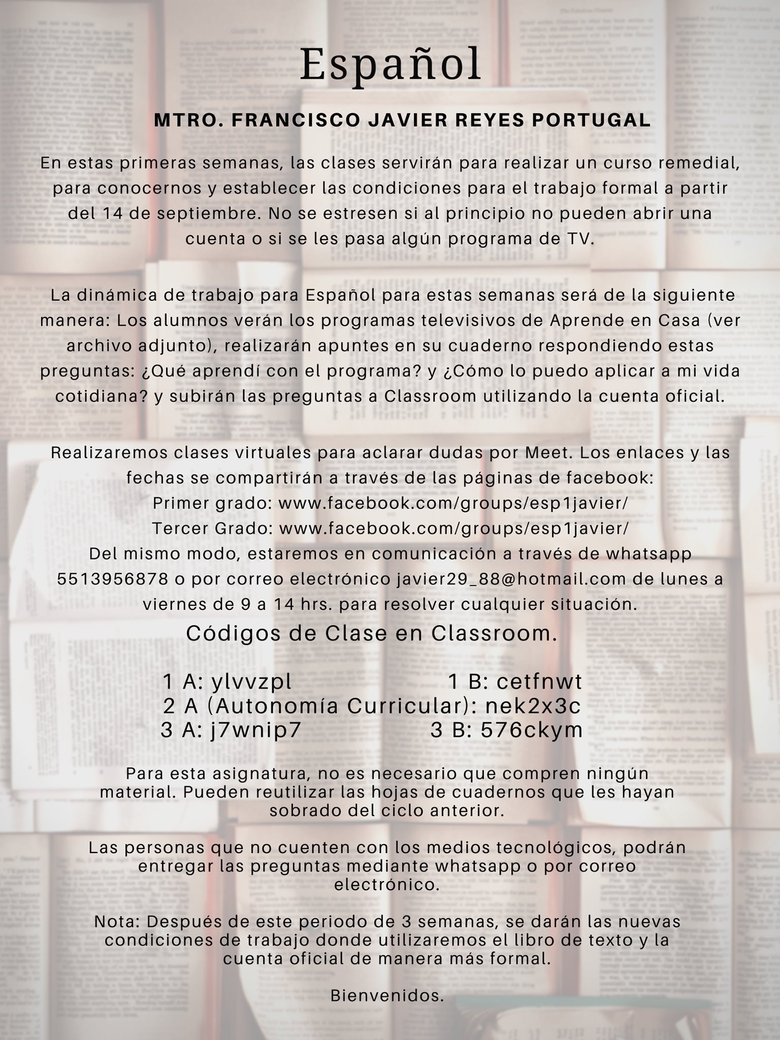 Códigos de Classroom para Español I y III y para Autonomía ...