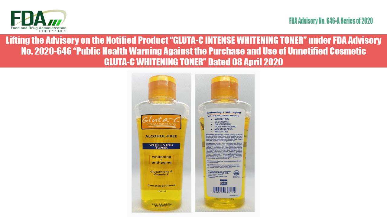 list of fda approved glutathione 2019 Advisory No. 2020-646-A*** The Food and Drug Administration (FDA) informs the public that the Cosmetic product GLUTA-C INTENSE WHITENING TONER with Notification No. 1000003379850 has been notified by the Market Authorization Fortified B Complex Category_Default Category/Shop Categories/Performance Enhancing/Energy Size:2 Bottles