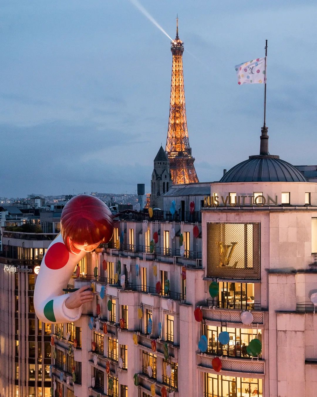 Installation of a large inflatable mannequin depicting Japanese